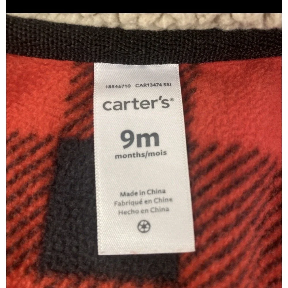 Carter's Fleece Vest 9m Red Buffalo Plaid Reindeer Racing‎ Crew Kids